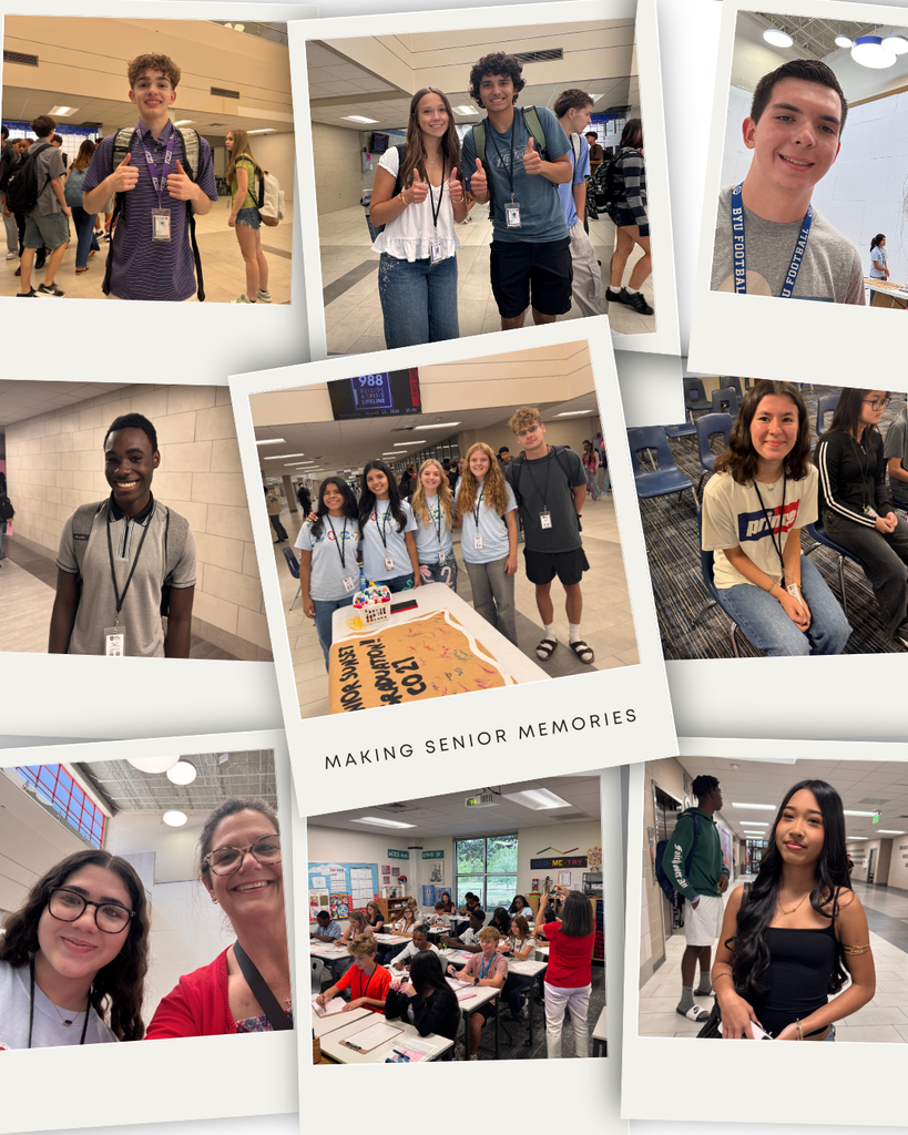 Page 2 - Collage of ACES students in the hallway and during class. One photo of a group of our seniors is labeled  making senior memories.
