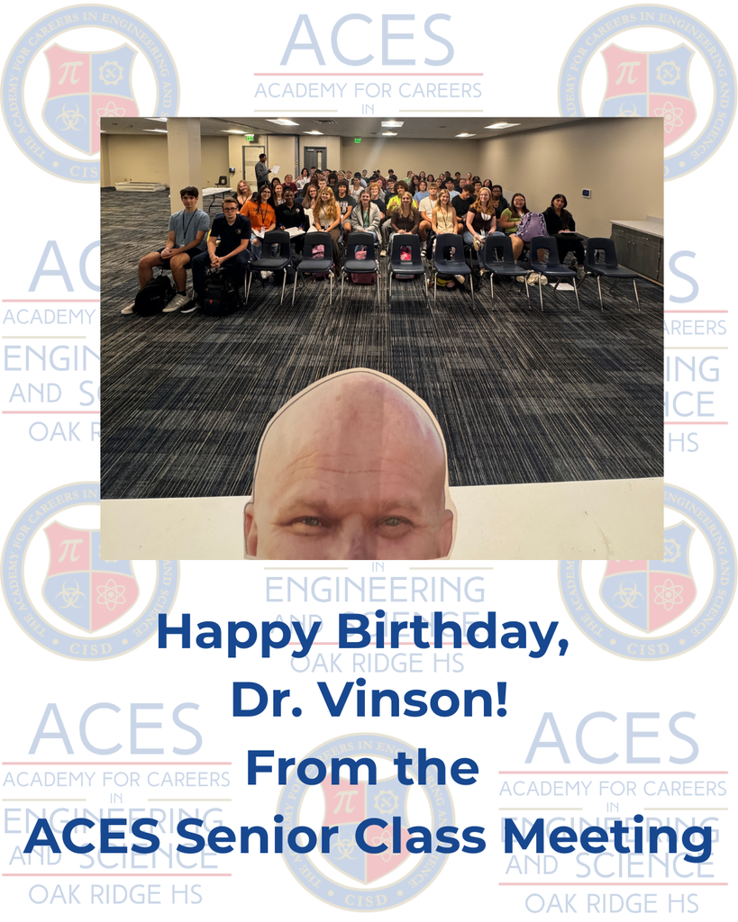 ACES seniors in chairs at their class meeting with a cut out of Dr. Vinson's head in the picture.