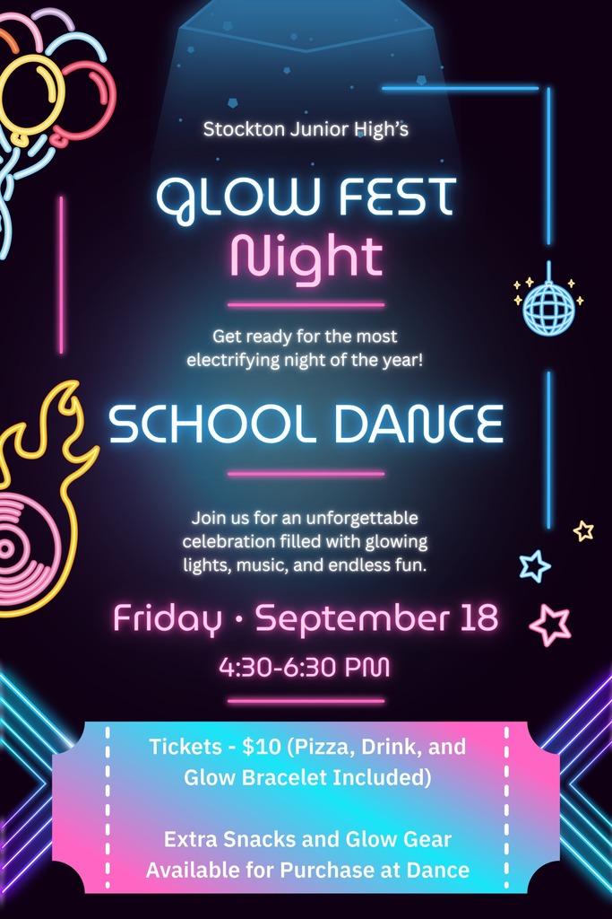 Stockton JH - School Fall Dance - Glow Fest Night Information Flyer