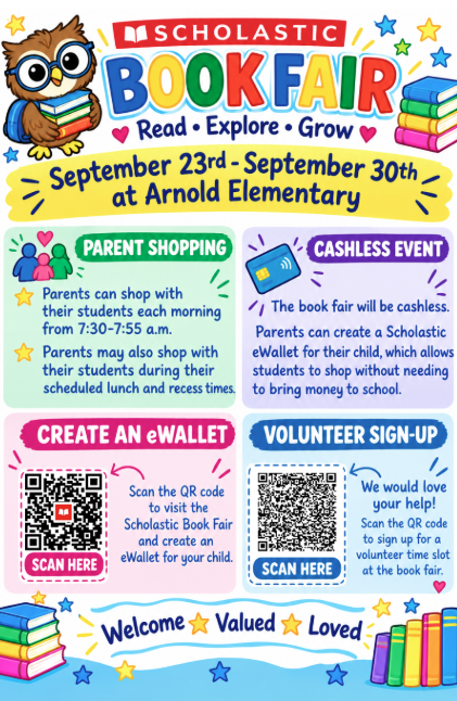books and owl announcing book fair