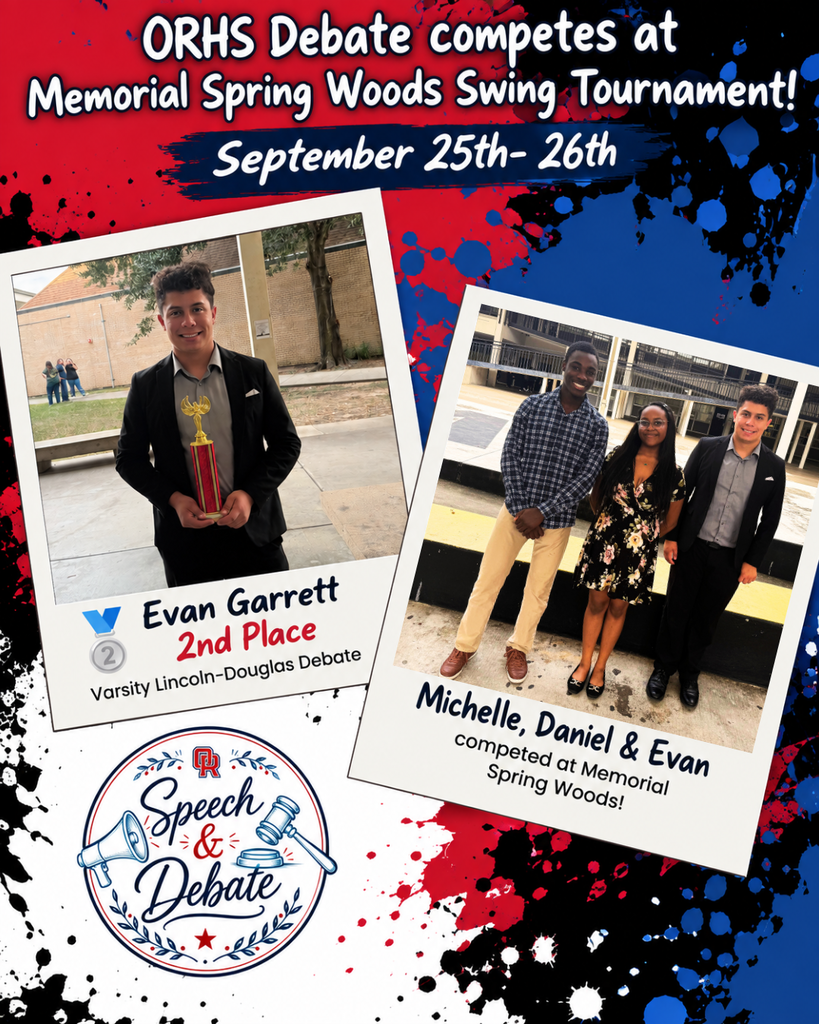 So proud of our ORHS Debate students! ❤️💙 Evan Garrett earned 2nd Place in Varsity Lincoln-Douglas Debate at the Memorial Spring Woods Swing Tournament! Shoutout to Michelle, Daniel & Evan for representing the War Eagles with hard work and pride! 🎤🏆 #ORHS #WarEagles