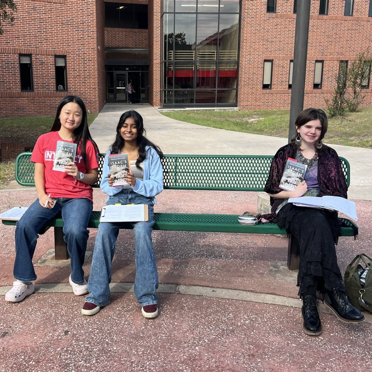 Today’s forecast: 100% chance of reading, sunshine, and a little irony! English 2 honors students were studying _Isaac’s Storm_ while enjoying some beautiful weather today! ☀️📖