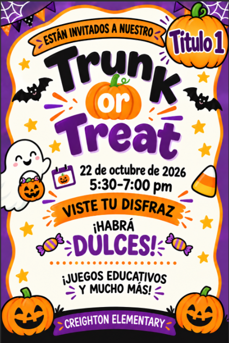 Volante en español del Trunk or Treat de Título I de Creighton Elementary. El evento será el 22 de octubre de 2026, de 5:30–7:00 PM. Las familias están invitadas a usar disfraces y disfrutar de dulces, juegos educativos y mucho más.