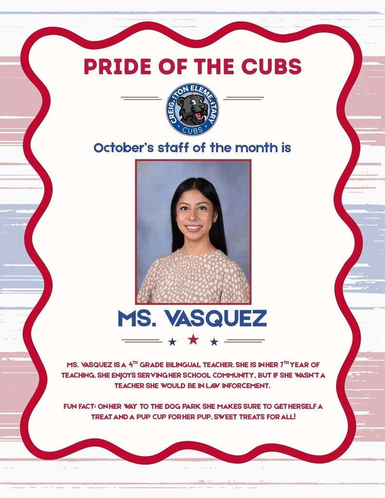 Flyer announcing october teacher of the month Ms.Vasquez
