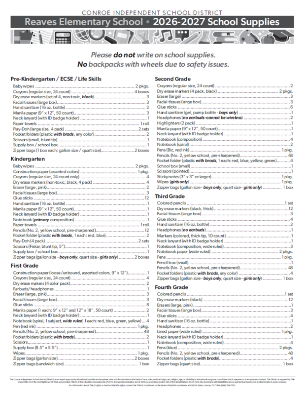 Reaves Elementary School • 2026-2027 School Supplies