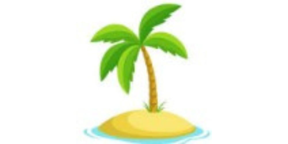 Green Palm Tree with a brown trunk on a light brown island surrounded with blue water on a white background