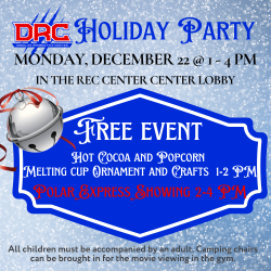 DRC Holiday Party Flier with a silver bell on a snowy background with red, white, and blue writing