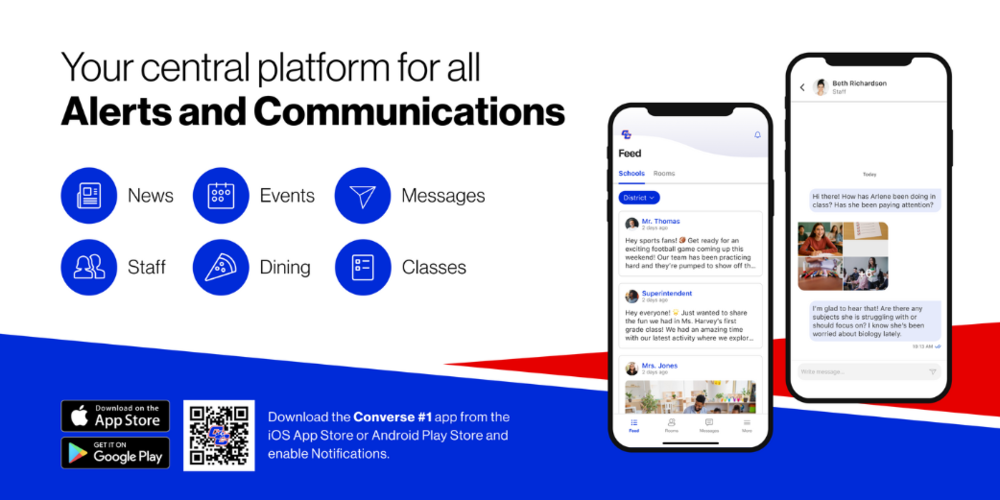 A mobile app banner. Text reads, "It's everything CCSD1, in your pocket." Below, icons link to app features like news, staff, classes, and dining. Two phones display the app's interface: one shows a social-media-style feed and the other a messaging screen. QR codes and links for downloading the app from the App Store and Google Play are visible.