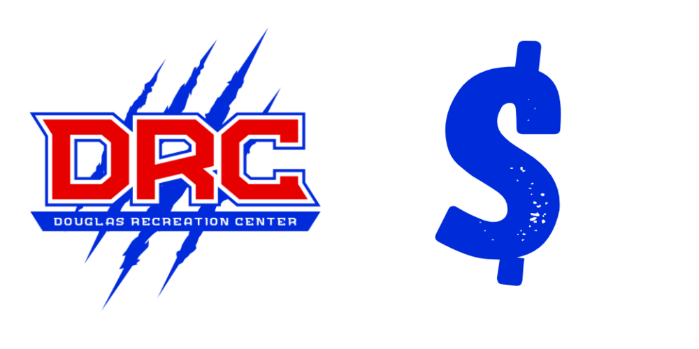 Douglas Rec Center Logo with Red DRC letters and blue claw marks behind with a blue dollar sign to the right