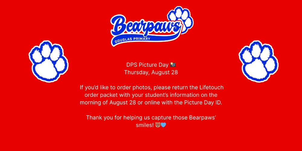 A red flyer describing picture day for Douglas Primary School.