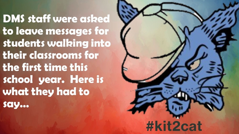 A promotional graphic with a red and blue watercolor-like background. The text on the left reads: "DMS staff were asked to leave messages for students walking into their classrooms for the first time this school year. Here is what they had to say..." On the right is a blue cartoon cat head wearing a backwards baseball cap. The hashtag "#kit2cat" is in the bottom right corner.