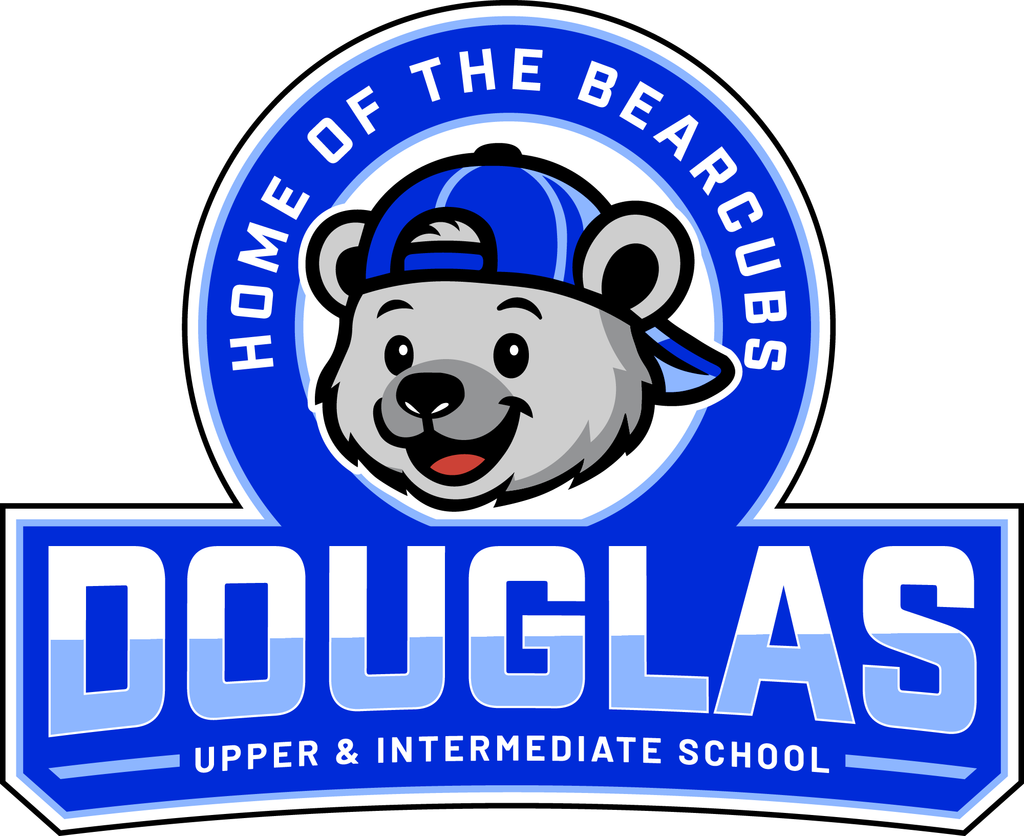 White and blue lettering stating "Home of the Bearcubs Douglas Upper & Intermediate School" with a cartoon bearcat wearing a backwards baseball hat