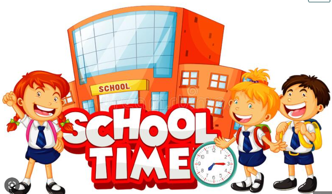 Students standing outside a school with a clock and a title of school time