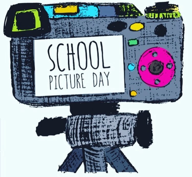 A whimsical, cartoon-style illustration of a camera on a tripod. The camera is gray with colorful accents in blue, green, yellow, and hot pink. The camera's screen displays the text "SCHOOL PICTURE DAY" in a simple, handwritten font. The overall style is playful and slightly retro, with a textured, crayon-like appearance.