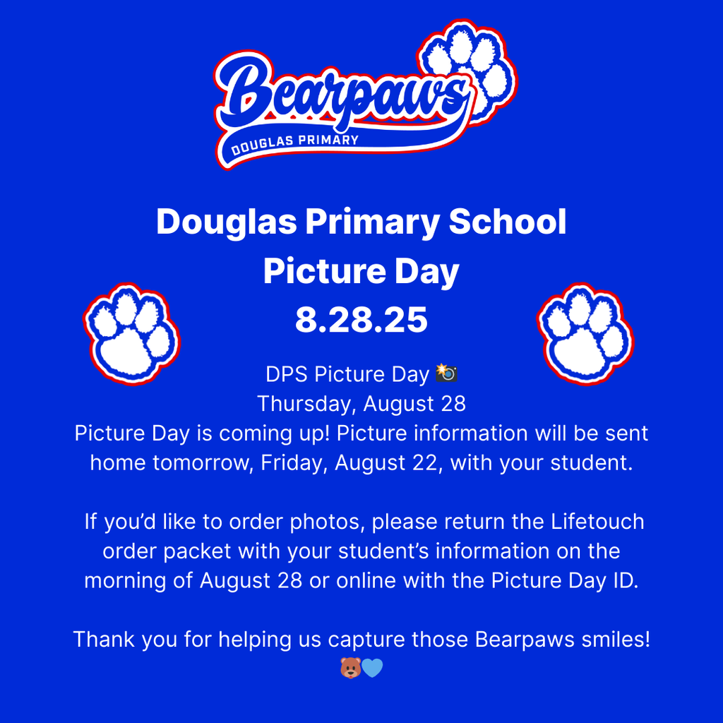 A blue flyer describing picture day for Douglas Primary School.