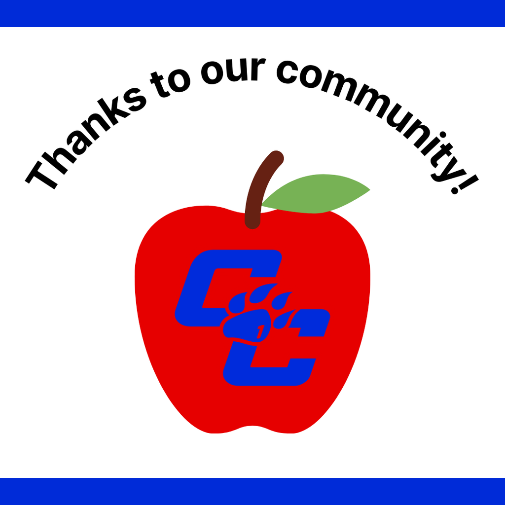 A large red apple with a blue and red logo in the center. The logo features the letters "CC" and a paw print. Above the apple, the text "Thanks to our community!" is written in a semi-circle. The image has a blue border at the top and bottom.