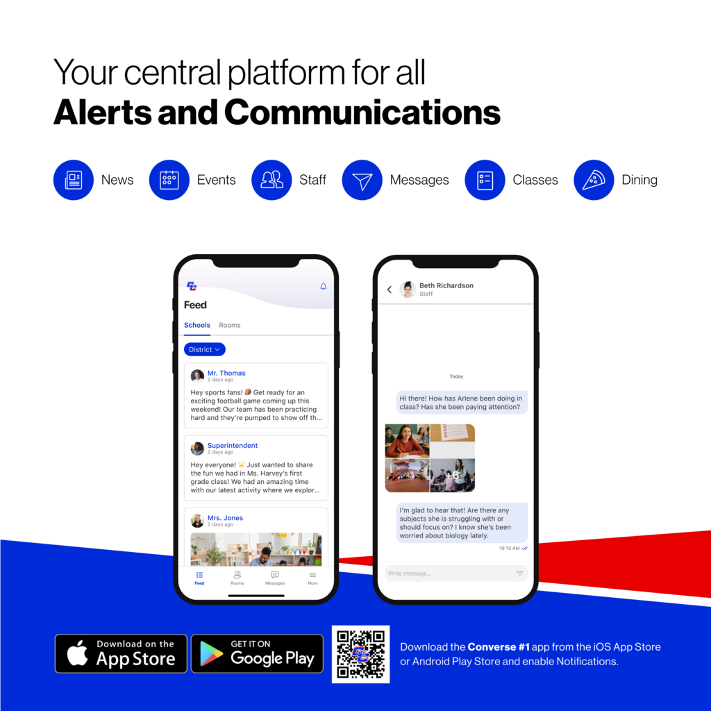 A digital advertisement showing two mobile phone screens. The left screen shows a social media feed with updates, while the right screen displays a text message conversation. Both screens are part of an app called Converse.