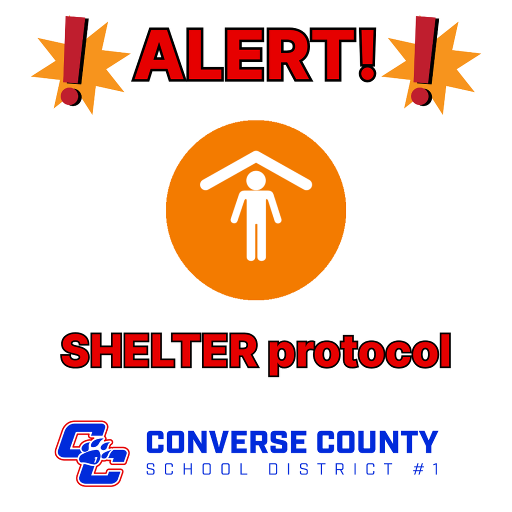 Converse County School District #1's SHELTER protocol alert. The image shows the word "ALERT" with exclamation points and the "SHELTER protocol" logo.