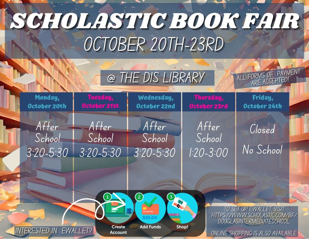 Scholastic book fair schedule at DIS and DUES