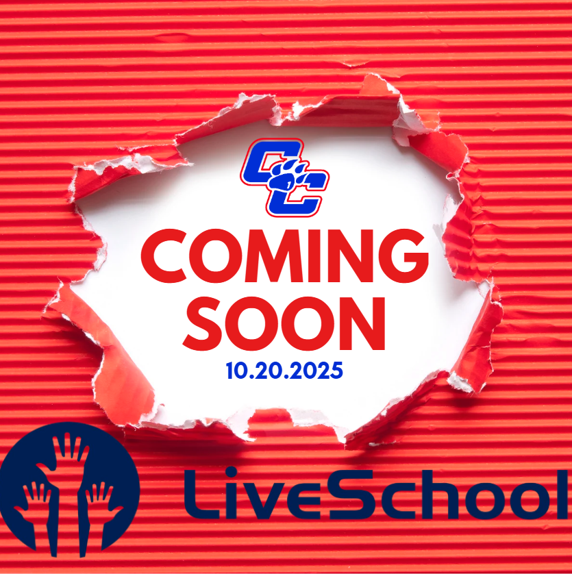 Red background with CCSD logo and LiveSchool coming soon date (10.20.25)