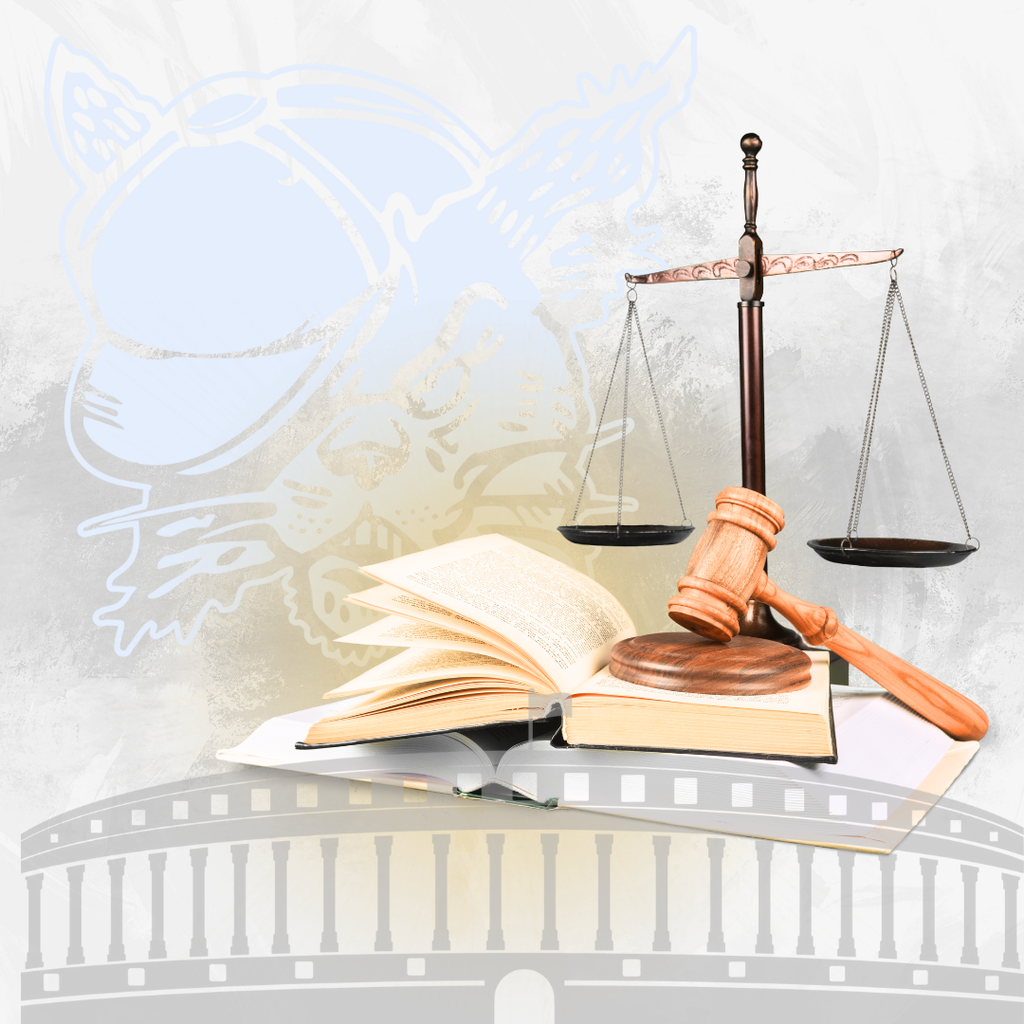A digital illustration featuring a balance scale (Scales of Justice) and a gavel resting on an open book, with paperwork underneath. A subtle, light gray outline of a large cat's head (possibly a wildcat or lynx) wearing a tricorn hat is visible in the background over a stylized building facade.