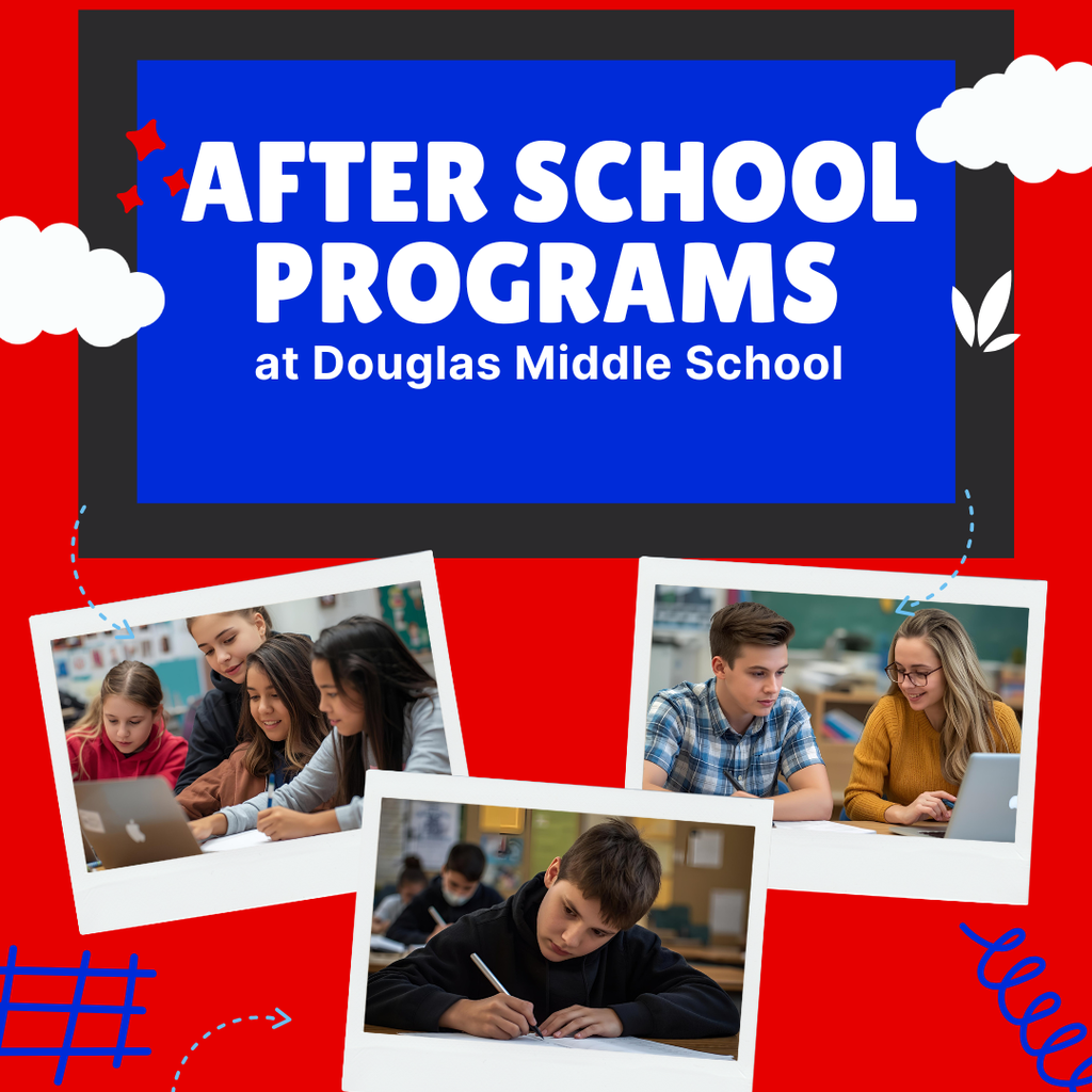 A vibrant social media graphic with a bright red background advertising "AFTER SCHOOL PROGRAMS at Douglas Middle School."