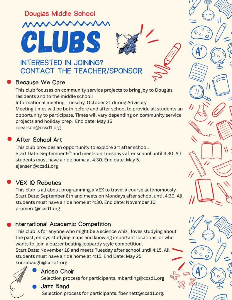 A flyer for Douglas Middle School Clubs.