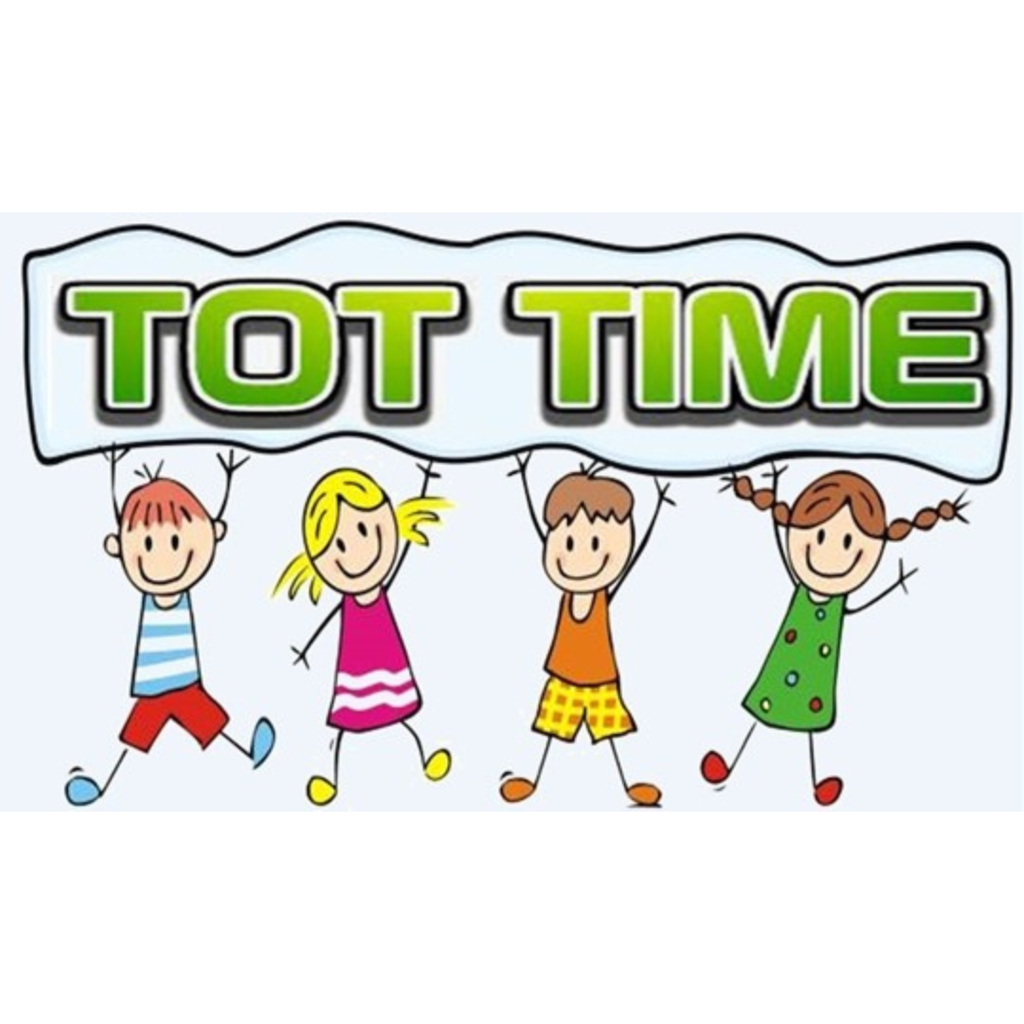 Four kids in different outfits holding a banner that says Tot Time