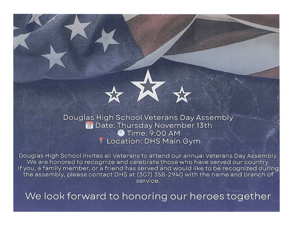 Veterans Day flier with an American flag and information about the assembly