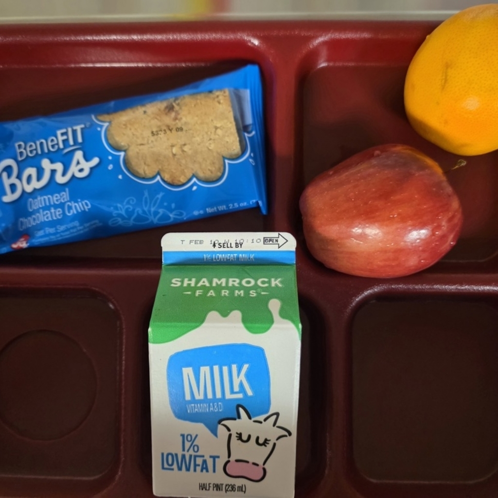 Benefit bar, orange, apple, milk