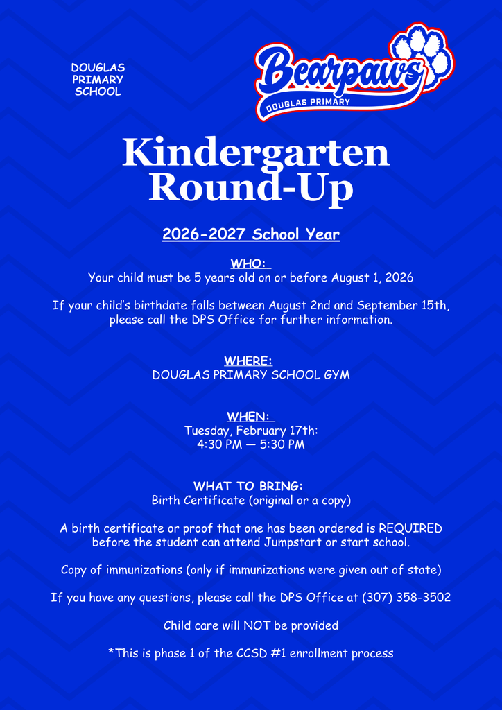 A Blue flyer describing Kindergarten Round-up information for the 26.27 school year.