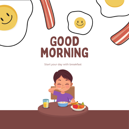Student eating breakfast with smiling eggs and bacon