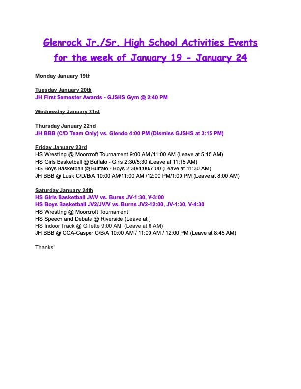 Weekly Activity Schedule January 19-24,2026