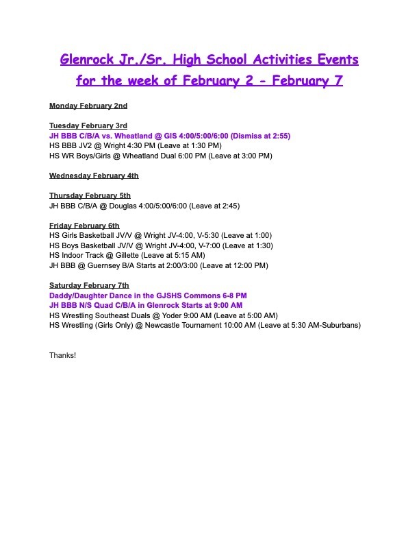 Weekly Activity Schedule February 2-7, 2026