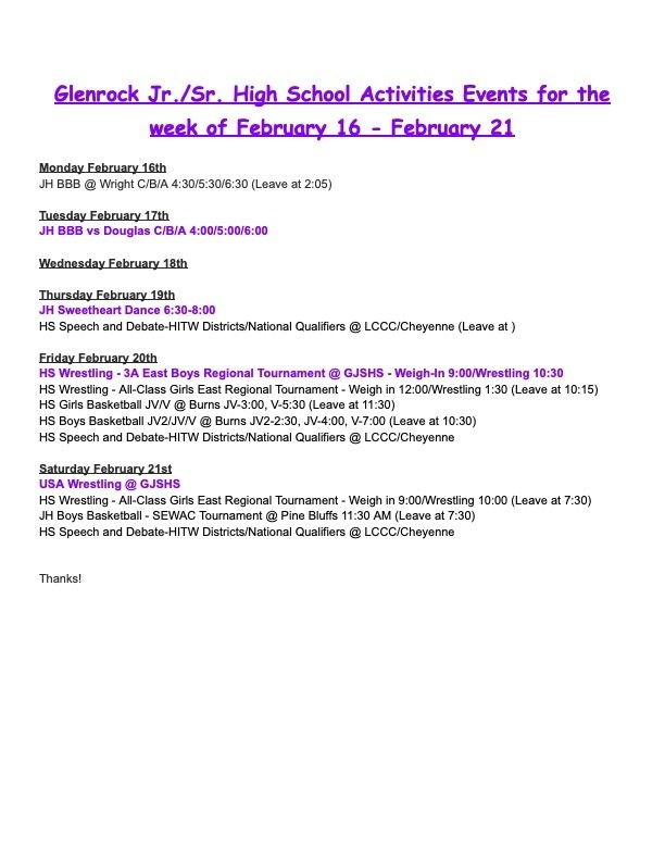 Weekly Activity Schedule February 26-21, 2026