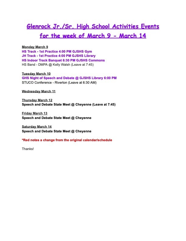 GJSHS Weekly Activity Schedule March 9-14, 2026 Pic