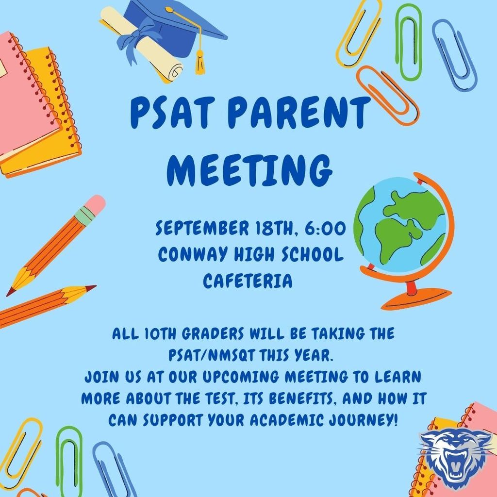 PSAT Parent Meeting. 📅 Mark Your Calendars! 📅 🗓️ September 18th, 6:00 PM 📍 Conway High School Cafeteria Attention 10th graders and parents! 🌟 Join us to get the scoop on the PSAT/NMSQT. Learn about the test, its benefits, and how it can boost your academic journey. Don’t miss out on this informative meeting! #PSAT #ConwayHigh #AcademicSuccess