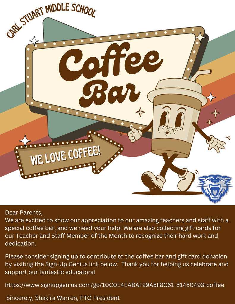 Dear Parents,   We are excited to show our appreciation to our amazing teachers and staff with a special coffee bar, and we need your help! We are also collecting gift cards for our Teacher and Staff Member of the Month to recognize their hard work and dedication.   Please consider signing up to contribute to the coffee bar and gift card donation by visiting the Sign-Up Genius link below:    https://www.signupgenius.com/go/10C0E4EABAF29A5F8C61-51450493-coffee   Thank you for helping us celebrate and support our fantastic educators!    Sincerely,  Shakira Warren
