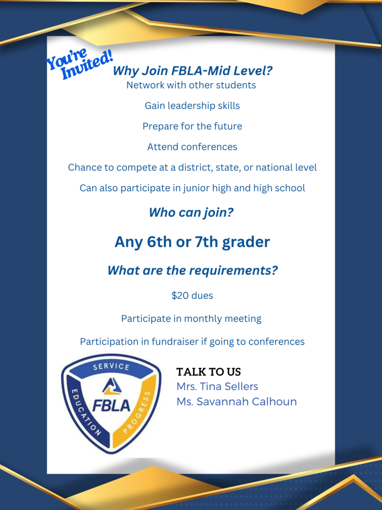 Hey CSMS 6TH AND 7TH GRADE STUDENTS! 🚀 Want to unlock your potential, make new friends, and build confidence? Join FBLA (Future Business Leaders of America)! 💼 🏆 Compete in fun events & win awards 💡 Learn leadership & teamwork skills 🤝 Connect with awesome people 🌍 Give back to your community FBLA helps you get ahead, all while having a blast! Ready to become a future leader? Join FBLA and start your journey to success TODAY! 🌟 #FBLA #FutureLeaders #MiddleSchool #JoinNow #Leadership #Opportunity
