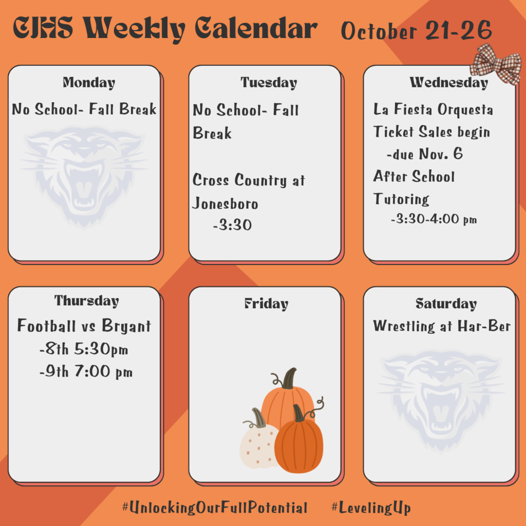 Monday: No school, Tuesday: No school, cross country; Wednesday: Fiesta Orquesta ticket sales, after-school tutoring; Thursday: PSAT, Football; Saturday: Wrestling