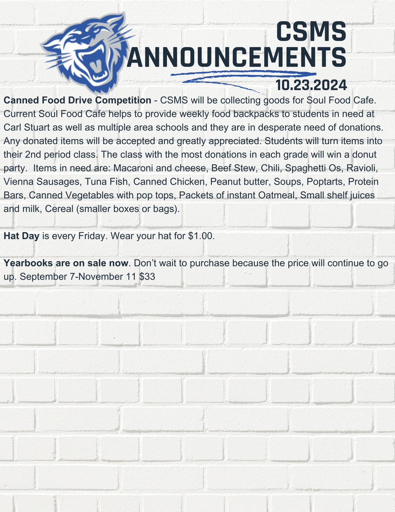 Fall Festival is tomorrow, Thursday, October 24, 6:00-7:30 p.m.   Join us for a night of fun, flavors, and fabulous finds at the Fall Festival! Our teacher-made dessert and crafts live auction will feature an incredible array of items for you to bid on, and it all takes place from 6:00 to 7:30 p.m. Check out our fantastic selection:   Wampus Cat Blue Handmade Quilt  Wampus Cat End Table  Cinnamon Rolls  Crochet Throw Blanket  Christmas Door Hangers  Oreo Balls  3-Layer Italian Cream Cake  Pumpkin Bread  Hershey’s Pie  Tres Leches Cake  Paintings  Stained Glass  But that's not all! We've also got a variety of delicious treats to purchase and carnival games for the entire family to enjoy. This is an event you won't want to miss. See you at the Fall Festival tomorrow night from 6:00 to 7:30 p.m. It's going to be a memorable evening!  Red Ribbon Week Oct. 28 - Nov, 1 Monday: Be Famous - Dress like a Hollywood Star, TV star, or Famous Person Tuesday: Weekends are a breeze without drugs -  Dress up like soccer moms & BBQ dads Wednesday: Educate yourself about drugs - Dress like a teacher day  Thursday: Scare drugs out of your life - Costume Contest Friday: Enjoy sleep not drugs - Dress in Pajamas