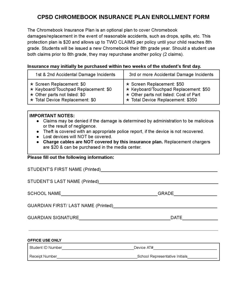CPSD CHROMEBOOK INSURANCE PLAN ENROLLMENT FORM