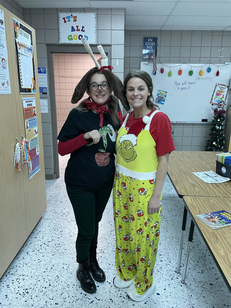 Several teachers brought holiday cheer by dressing up as their favorite Christmas characters! Mrs. Powers transformed into Max from The Grinch, Mrs. LyBrand became the Grinch himself, Mr. Jeffery channeled Yukon Cornelius from Rudolph the Red-Nosed Reindeer, and Mrs. Masters delighted everyone as Snoopy from A Charlie Brown Christmas. What a festive and creative way to celebrate the season!