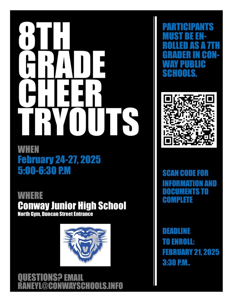 8th Grade Cheer Tryouts February 24-27 at 5:00 p.m. at CJHS