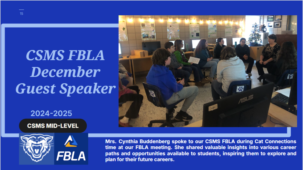 CSMS FBLA Guest Speaker Mrs. Buddenberg.   