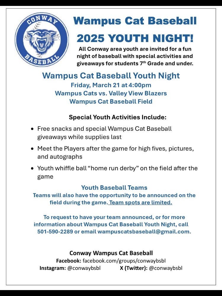 Wampus Cat Baseball Youth Night