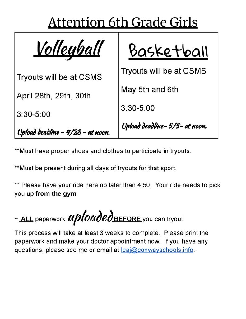 Attention 6th Grade Girls Volleyball and Basketball Tryouts