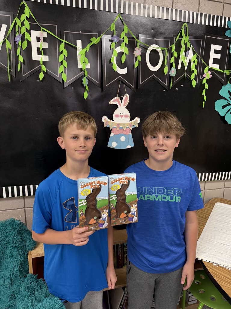 Mrs. Powers reading classes did a Trashketball Atlas Review and Brady G. and Siems K. were the overall winners!  Here they are with the grand prize chocolate bunnies!
