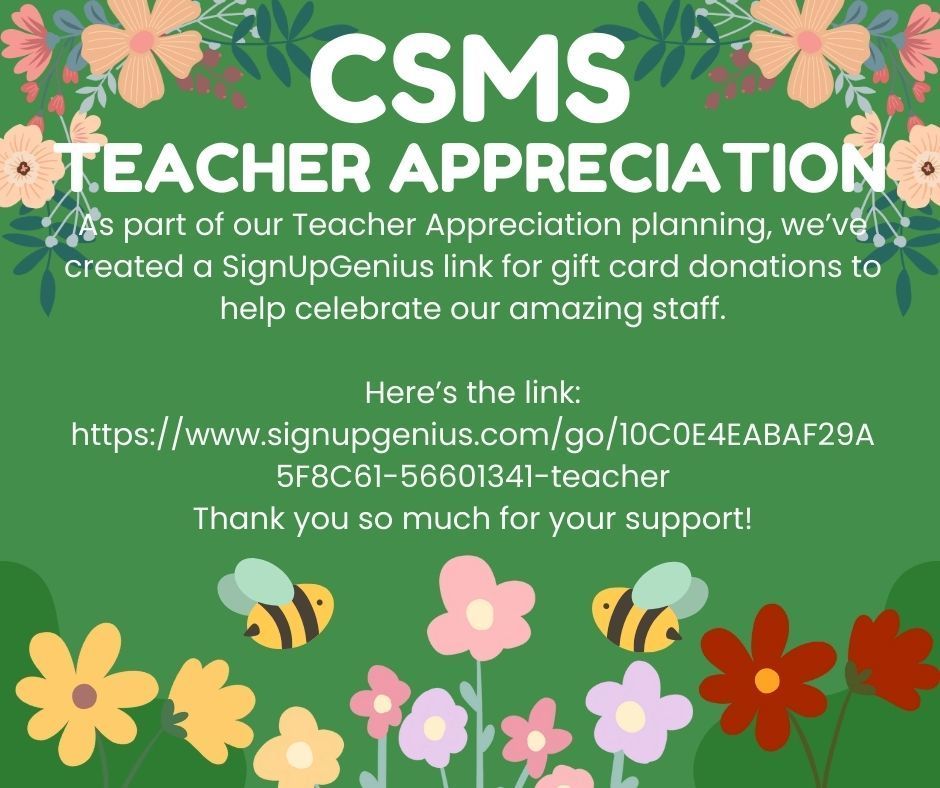 As part of our teacher appreciation planning, we'be created a SignupGenius link for gift card donations to help celebrate our amazing staff.