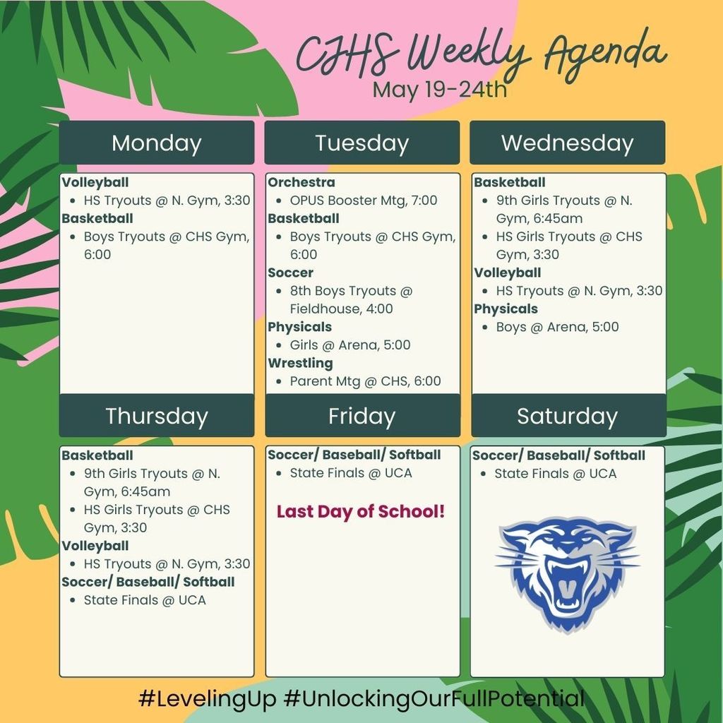 Monday: Volleyball/Basketball Tryouts; Tuesday: OPUS mtg, Basketball/Soccer Tryouts, Girls Physicals, Wrestling Parent Mtg; Wednesday: Basketball/ Vollyeball Tryouts, Boys Physicals; Thursday: Basketball/Volleyball Tryouts; Thur-Sat: Soccer/Baseball/Softball State Finals at UCA